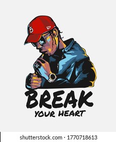 break your heart slogan with man lighting up cigarette illustration