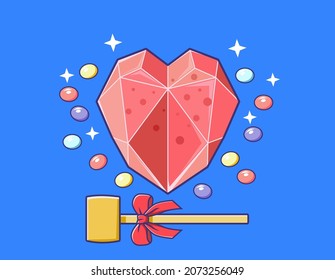 Breakable chocolate heart vector illustration with blue background