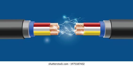 Breakage of the electric cable with short circuit accompanied by glowing sparks and flashes, realistic vector illustration isolated on dark blue background.