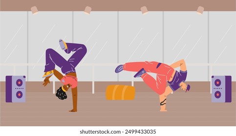 Breakdance battle. Vector illustrations depicting breakdancing dancers in dynamic poses, demonstrating modern urban dancing and acrobatic movements.