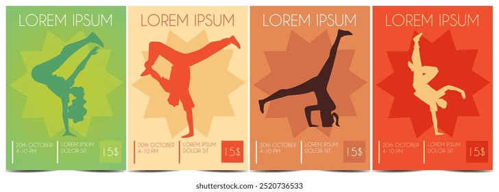 Breakdance Battle. Vector set of advertising posters with male and female silhouettes in dynamic breakdancing positions. Template for brochures or covers with text space.