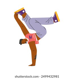 Breakdance character in dynamic handstand. Vector illustration of a street dancer performing freestyle hip hop. Flat isolated vector illustration on white background.