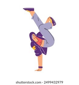 Breakdance character in dynamic pose. Vector illustration of a street dancer performing freestyle hip hop, flat design on a white isolated background.