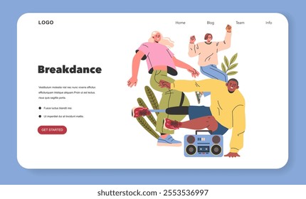 Breakdance concept. Diverse group of people enjoying dance moves with a boombox, showcasing urban street culture. Dynamic and lively scene on a website layout. Vector illustration.