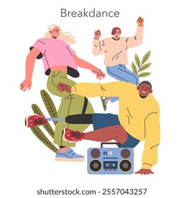 Breakdance concept. Two men and a woman performing street dance moves with a boombox. Urban hip-hop culture and dynamic dance skills. Vector illustration.