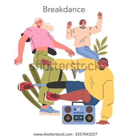 Breakdance concept. Two men and a woman performing street dance moves with a boombox. Urban hip-hop culture and dynamic dance skills. Vector illustration.