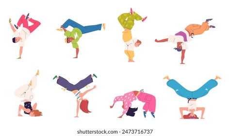 Breakdance dancers. Street dancer characters, moving jump breakdancer b-boy freestyle nightclub teenager modern hip hop dance action urban cool dancing, classy vector illustration