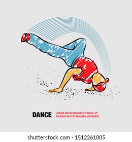 Breakdance freeze. Vector outline of Breakdancer with scribble doodles.