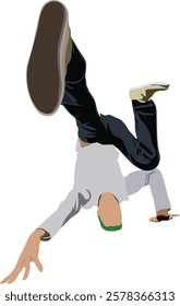 Breakdance movement with head down and feet floating up isolated on transparent background