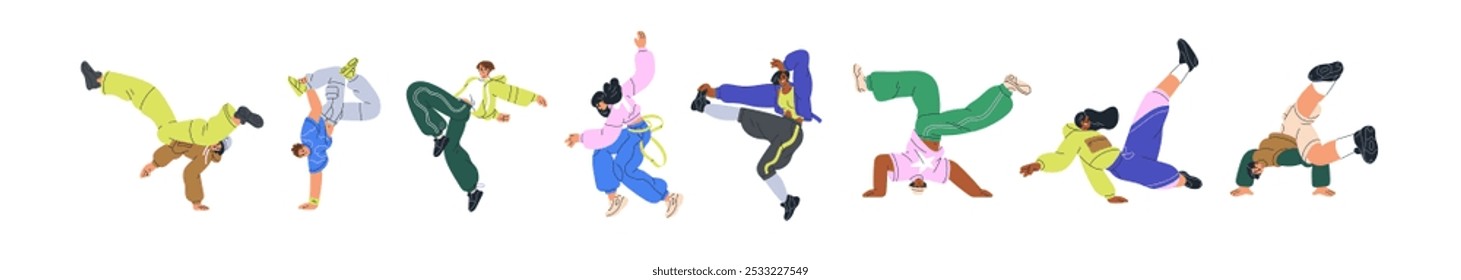 Breakdance set. Male and female dancers performing hip-hop moves, dancing to music. Young people in cool poses, street style, urban youth culture. Flat vector illustration isolated on white background