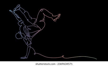 Ilustración vectorial de la danza de la calle. Un dibujo de línea continua de la pose del breakdance. Imagen colorida sobre fondo negro.