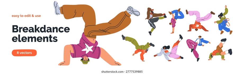 Breakdance, street style set. Young people in cool poses, urban youth culture. Male and female dancers performing hip-hop moves, dancing to music. Flat vector illustration isolated on white background