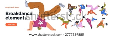 Breakdance, street style set. Young people in cool poses, urban youth culture. Male and female dancers performing hip-hop moves, dancing to music. Flat vector illustration isolated on white background