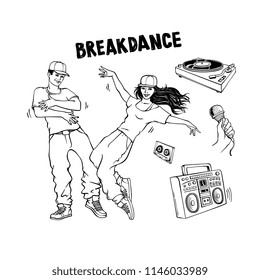 Breakdance style set with young man and woman dancing and various hip-hop and rap music players in sketch style isolated on white background. Hand drawn vector illustration of youth street culture.