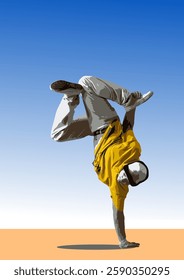 Breakdancer balancing upside down on one hand, performing a freeze in a colorful illustration. Hand drawn Illustration