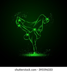 Breakdancer dancing and making a frieze on one hand. Vector neon illustration. svg