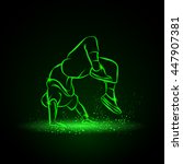 Breakdancer doing a back flip. The man is dancing hip hop style. Dancer vector neon illustration on a black background.