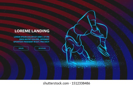 Breakdancer Doing A Back Flip. The Man Is Dancing Hip Hop Style. Vector Breakdance Background For Landing Page Template.