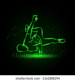 Breakdancer makes a frieze. Street dancing neon illustration with B boy on one hand.