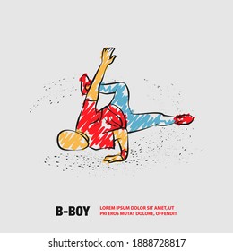 Breakdancer makes a frieze. Vector outline Street dancing with scribble doodles style drawing.