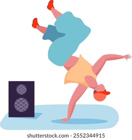 Breakdancer shows strength and skill balancing on one hand next to a speaker in a dynamic freeze. Reflecting hip hop culture, this vibrant illustration captures urban dance style