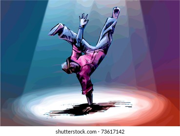 Breakdancer is standing in a "freeze". Hand drawn artwork.