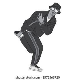 breakdancer with tracksuit and cap and sunglasses. oldschool, b-boystand, vector, gray, black, balance, hand, cool, hip hop.