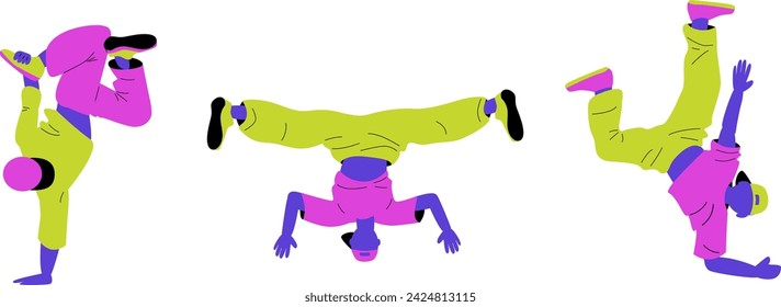 Breakdancers in action. Digital illustration with bright colors. Street dance and hip hop culture concept for design and print