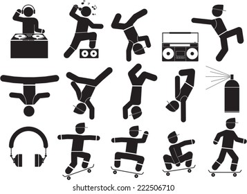 Breakdancers and Hiphop dance in the party icon set.