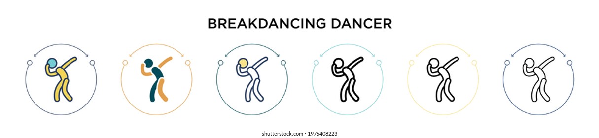 Breakdancing dancer icon in filled, thin line, outline and stroke style. Vector illustration of two colored and black breakdancing dancer vector icons designs can be used for mobile, ui, web