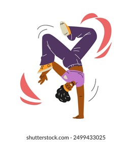 Breakdancing illustration showing a dancer in a one-arm handstand. The character is surrounded by swirling elements representing the dynamics of freestyle hip-hop dance moves. Flat style.