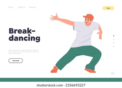 Breakdancing landing page design template with funky teenager bboy performing hiphop freestyle svg