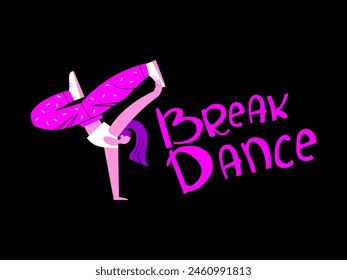 Logo de breakdance sobre un fondo negro con una chica bailarina. Ilustración vectorial dibujada a mano