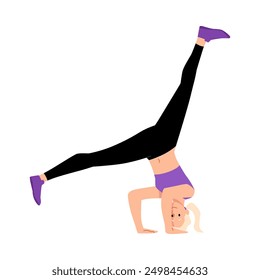 Breakdancing performance. Vector illustration of a female character performing a headstand. Modern hip hop style street dance presented in a flat design on an isolated background.