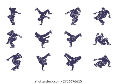 Breakdancing Silhouette Collag. Dynamic B-Boy Poses and Moves on White Background