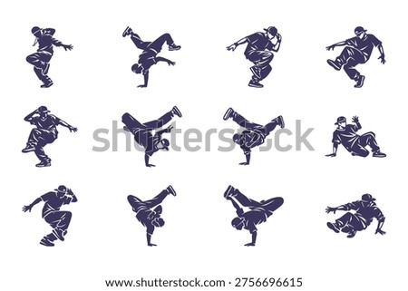 Breakdancing Silhouette Collag. Dynamic B-Boy Poses and Moves on White Background