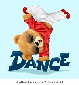 Breakdancing Oso de peluche en suéter rojo y gafas de sol, Ilustración vectorial