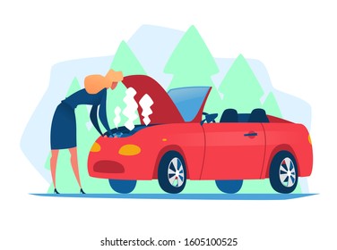 Breakdown of the car. The businesswoman is trying to fix her vehicle. Vector illustration of a broken red automobile on the road.