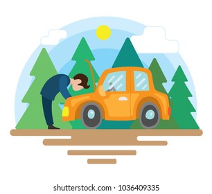 Breakdown of the car on the forest road. The man is trying to fix his vehicle. Isolated vector illustration of a broken orange car on the road and forest in the background.
