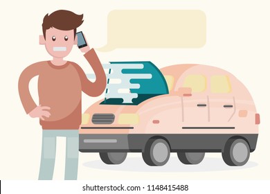 Breakdown of the car on the road. A man calls the service to help. Vector illustration in a flat style