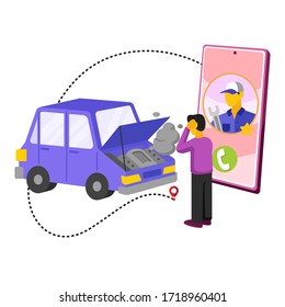 Desglose del camión en la carretera. Un hombre llama al servicio por smartphone para ayudar. Ilustración de vectores en un estilo plano