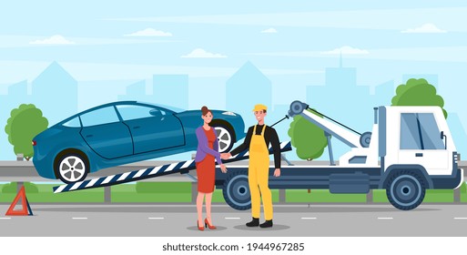 Breakdown of the car on the road. Tow truck is moving to car service. A woman calls the service to help. Flat cartoon vector illustration concept design. Colorful simple art.