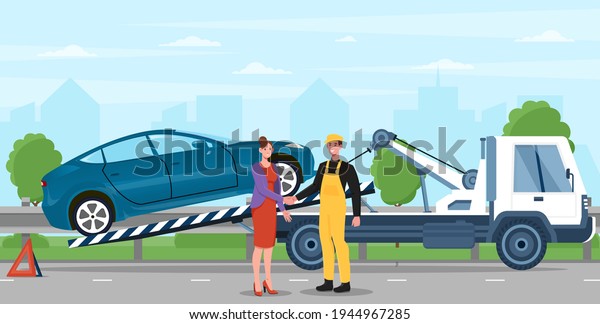 Breakdown of the car on the\
road. Tow truck is moving to car service. A woman calls the service\
to help. Flat cartoon vector illustration concept design. Colorful\
simple art.