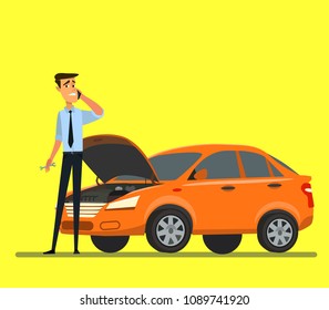 Breakdown of the car on the road. Vector illustration in flat style.