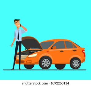 Avaria do carro na estrada. Ilustração vetorial em estilo plano.