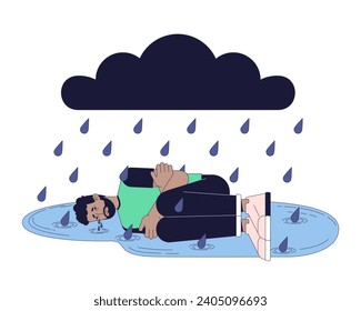 Breakdown emotional stress 2D linear illustration concept. Winter sadness black man cartoon character isolated on white. Seasonal affective disorder metaphor abstract flat vector outline graphic