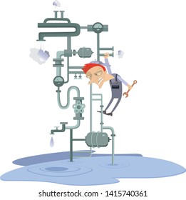 Breakdown, mechanic and pipe construction illustration. Comic mechanic with a big wrench repairs pipe construction to stop water flow isolated on white
