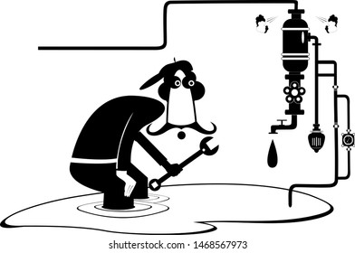 Breakdown, mechanic and pipe construction illustration. Comic mechanic with a big wrench repairs pipe construction to stop water flow black on white