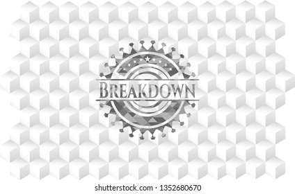 Breakdown realistic grey emblem with geometric cube white background