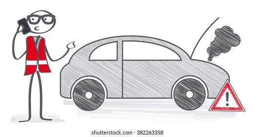 breakdown - stick man calling technical car service, vector illustration
